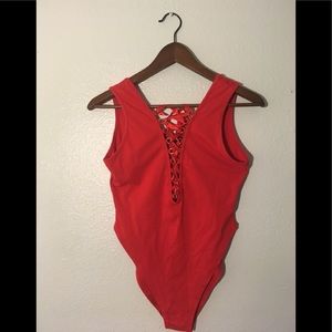 Red Lace Up Bodysuit